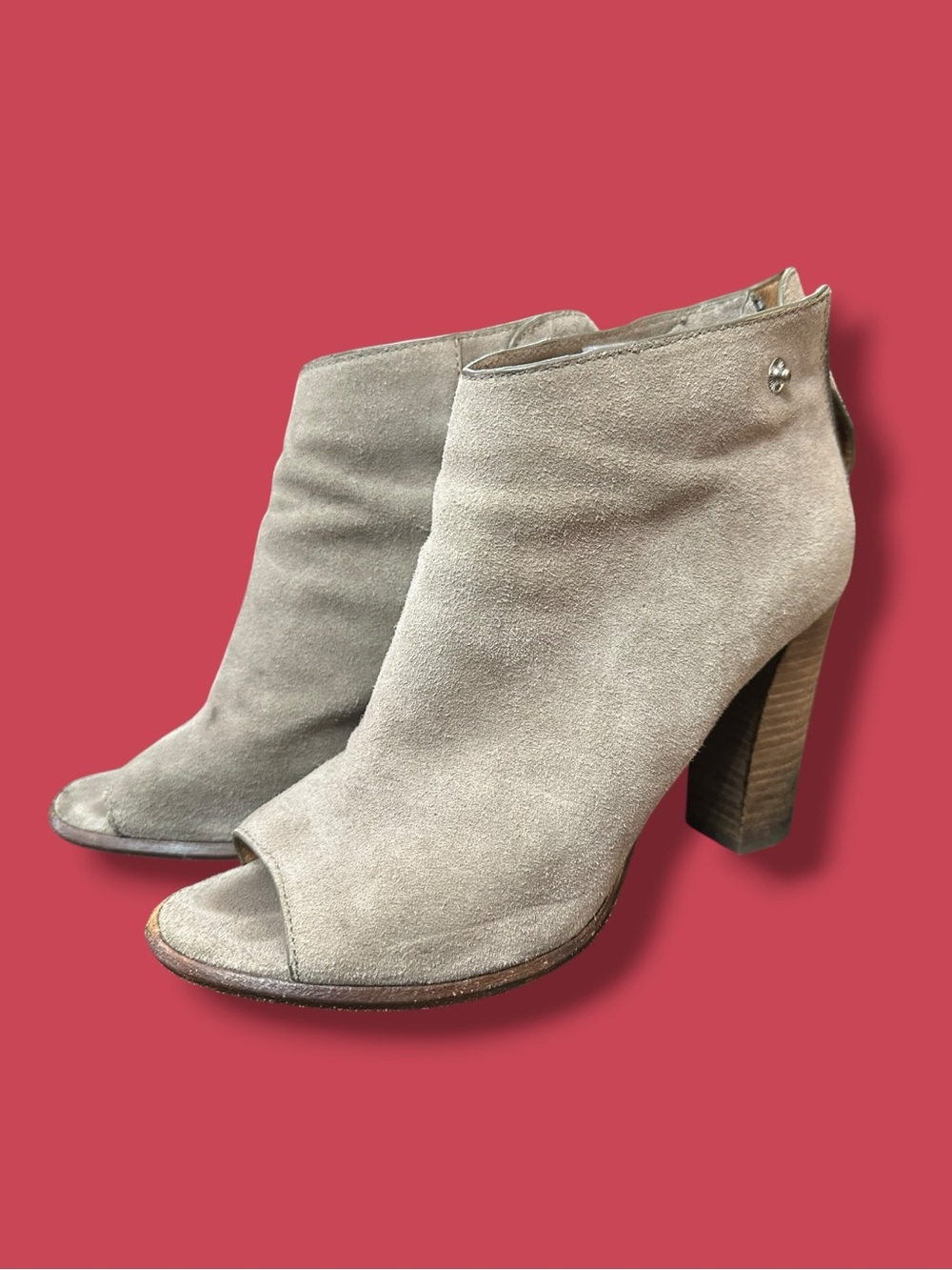 Coach Taupe Suede Peep-Toe Block Heel Ankle Booties